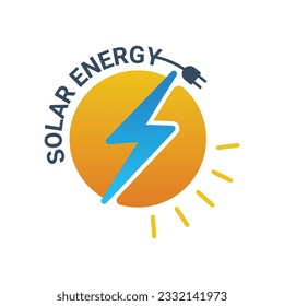 Un logotipo vectorial para la energía solar que incluye enchufes y cables junto con formas de elementos naturales como el sol y el relámpago para significar energía solar amigable con el medio ambiente.