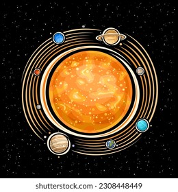 Vector logo for Solar System, decorative fantasy print with orange star sun, rotating planets of solar system and many moons, round cosmo sign with eruptions on sun surface on black starry background