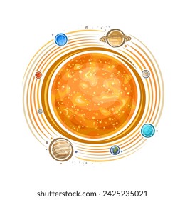 Vector logo for Solar System, decorative cosmic print with orange star sun, rotating planets of solar system and different moons, round cosmo sticker with explosions on sun surface on white background