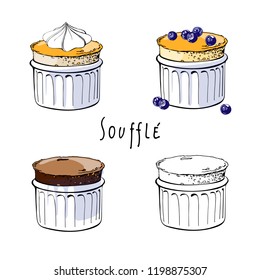 Vector logo for Souffle, poster with french dessert on white, original typography typeface .