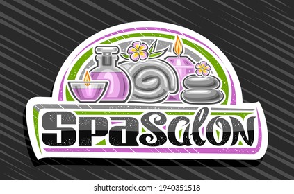 Vector logo for Spa Salon, decorative sign board with illustration of burning candles and purple frangipani with leaves, white design tag with unique brush lettering for black words spa salon on grey.