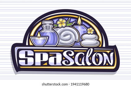 Vector logo for Spa Salon, decorative sign board with illustration of blue burning candles and yellow frangipani with leaves, dark design tag with unique brush lettering for words spa salon on grey.