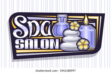 Vector logo for Spa Salon, decorative sign board with illustration of burning candle and yellow frangipani buds, black design tag with unique brush lettering for words spa salon on grey background.
