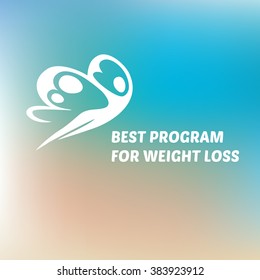 Vector logo special weight loss effective program. Logo with flying in air woman on green and blue background.