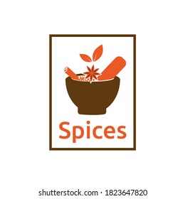 Logo vector para especias, en cuenco lleno de condimentos, naranja y marrón oscuro.