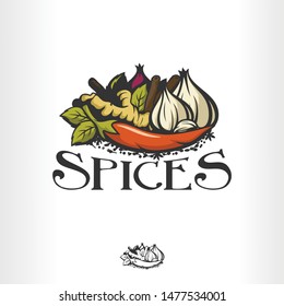 Vector logo for Spices condiments hot chilli pepper, clove of garlic, leaves of basil, and other