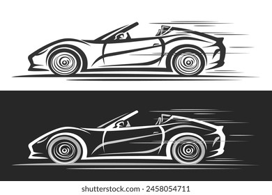 Logotipo de Vector para el coche deportivo, Anuncio automotriz Horizontal con ilustración de contorno simple de coche de concepto monocromo con techo abierto en movimiento, coche deportivo de carrera decorativo sobre fondo blanco y negro