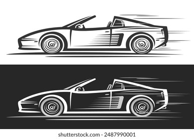 Vector logo for Sport Car, horizontal automotive banners with simple illustration of monochrome modern concept car with open roof in moving, decorative running sporty car on black and white background