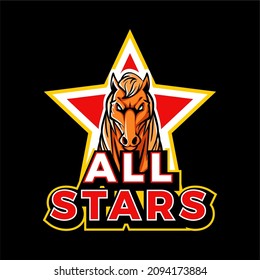 vector logo sport illustration of a horse head mascot seen from the front above the star and boldly written all stars