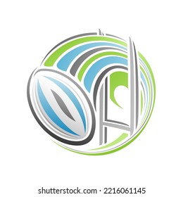 Vector logo for Sport, isolated modern emblem with outline illustration of flying rugby ball over playground in goal, decorative line art sports badge for college rugby club on white background