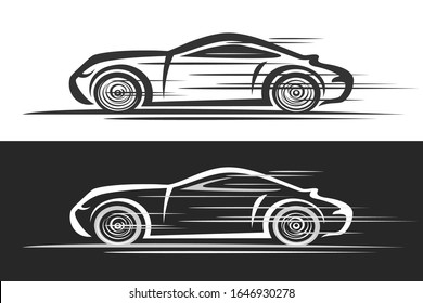 Vector logo for Sports Car, horizontal automotive banners with contour illustration of sport coupe in motion, black and white art car concept.