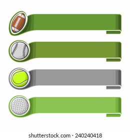 Vector logo for sports notes for text and record the results of sports matches, consisting of ribbons with rugby, american football, golf, baseball, tennis ball on a white background