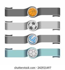 Vector logo for sports notes for text and record the results of sports matches, consisting of ribbons with basketball, football, soccer, volleyball, handball ball in the middle on a white background