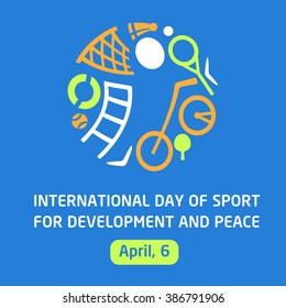 Vector Logo Sports School, Club, Shop For Sports, Competition Sports. Silhouettes Of A Man Sporting Equipment. International Day Sport For Development And Peace. Symbolism, Conceptual And Brevity.