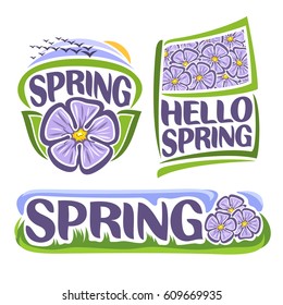 Vector logo of Spring Flowers: icon of lilac hibiscus, flock of birds on sunrise, flag with lavender floral background of sharon flower, title text: hello spring, design banner of meadow with grass.