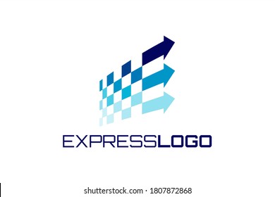 Vector logo with squares and arrows in blue gradient color forming initial "E" on light background. Usable for delivery, logistics and transportation service logos.