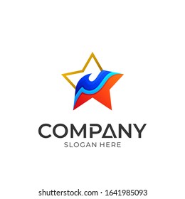 Vector logo of star combined with wave. Colorful logo style. Star icon. Abstract wave. Logotype for template.