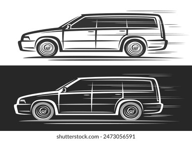 Vector logo for Station Wagon Car, automotive decorative banners with contour illustration of monochrome concept car in moving, urban clip art of running station wagon on black and white background