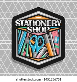 Vector logo for Stationery Shop, black hexagonal sign board with illustration of group variety colorful school accessories, decorative lettering for words stationery shop on grey abstract background.