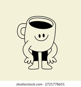 Vector logo and sticker design template, hand drawn doodle sketchy character and mascot, specialty coffee and cafe emblem, happy barista, latte, cappuccino, coffee cup mascot
