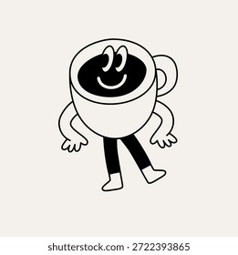 Logotipo vetor e modelo de design de adesivo, personagem e mascote desenhado à mão doodle esbochy, café especializado e emblema do café, barista feliz, café, cappuccino, mascote da xícara de café