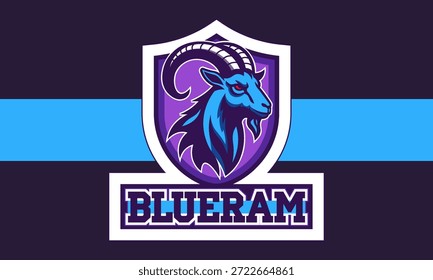 Logotipo del Vector, etiqueta engomada. Poderosa y brutal cabra con cuernos y escudo. Carnero azul. Etiqueta de juego o escudo de armas. Retrato de un animal enojado. Mascota Esport