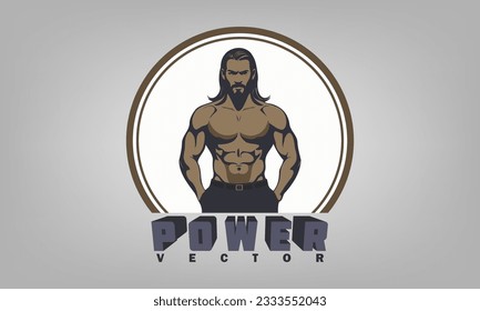 Vector logo or sticker. Strong brutal male bodybuilder with long hair, hands in trouser pockets. 3d inscription, power.