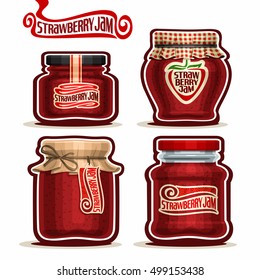 Vector logo Strawberry Jam in glass Jars with paper lid, red Pot home made strawberry jams, twine rope bow, homemade fruit jam jar, berry jelly pot with label, checkered cloth cap, isolated on white.