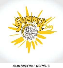 Vector logo Summer 2019. Bright rays of the yellow sun, an inscription by hand and a circle of ethnic ornament. Stylish seasonal pattern.