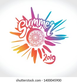 Vector logo Summer 2019. Bright rays of the colorful sun, an inscription by hand and a circle of ethnic ornament. Stylish seasonal pattern.