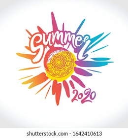 Vector logo Summer 2020. Bright rays of the colorful sun, an inscription by hand and a circle of ethnic ornament. Stylish seasonal pattern.