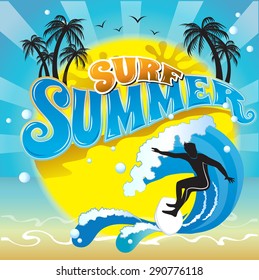 vector logo summer holiday and silhouette of surfers