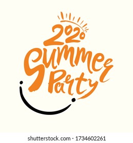 Sonrisa veraniega con el logotipo del vector. Verano 2020. Momento feliz. Plantilla estacional amarillo brillante. Ilustración vectorial para el banner de temporada, etiqueta, afiche, logotipo verano.