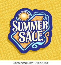 Vector logo for Summer season Sale, promotion price tag for summer discount, decorative handwritten font for text summer sale, summertime cut paper label with hot sun, promo coupon for seasonal offer.