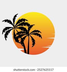 vector logo of sunset and coconut tree silhouette