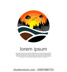 Vector Logo, Sunset Landscape, Background, Decoration, Isolated Circle