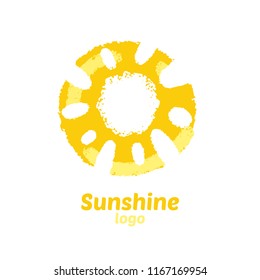 Vector logo of sunshine with element of watercolor technique. Sun is like Maasdam cheese. Hand drawn isolated concept icon. Use as logo of Solarium organic product without GMO sticker sketch tag badge