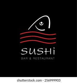 Vector logo sushi bar on black background. Fish food vector. Sign sushi food. Sea products. Ocean food. Susi