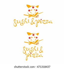 Vector logo for sushi rolls and pizza. Abstract image of a muzzle of a Fox on the pizza