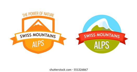 Vector Logo of Swiss Alps, Coat of Arms and Round Form Emblem Isolated on white Background.