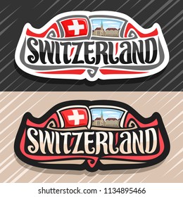 Vector logo for Switzerland country, fridge magnet with swiss flag, original brush typeface for word switzerland and national swiss symbol - Fraumunster church in Zurich on cloudy sky background.