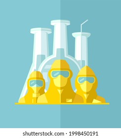 Vector logo sybmol with scientists, lifeguards, doctors, builders dressed in protective suits and masks. Chemically medical concept poster or banner template.