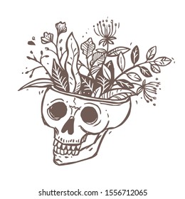 Vector logo, symbol, emblem or label of human skull with growing flowers and leaves from it. Creative sign or icon in doodle sketch style. Illustration of sugar skull with blossom foliage