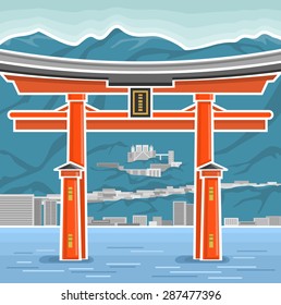 Vector logo of  symbol Japan Torii, composition of japanese national landmark Itsukushima Shrine sacred gate torii on background sea and mountains island of Itsukushima