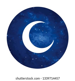 Vector. Logo, symbol of the moon. Icon Illustration of white phase moon on a round cosmic background. Graphic image. Stylization