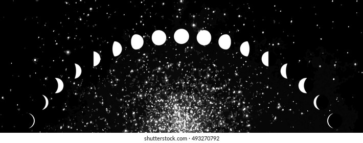 Vector. Logo, symbol of the moon. Icon Illustration of white phases of the moon on starry sky background. Graphic image. Stylization