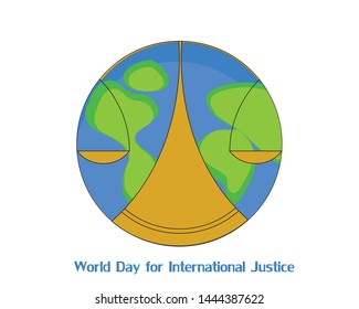A vector logo or symbol for World Day for International Justice. It consists of scale and world.