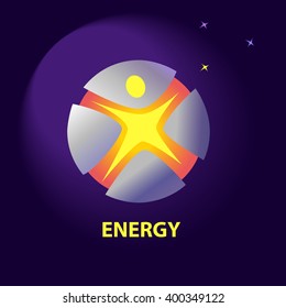 Vector logo with symbols of natural resources and sun energy. Saving energy resources. Improving energy efficiency.