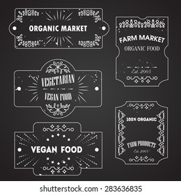 Vector logo and tags templates for vegetarian, vegan food, farm market banners. Labels on blackboard. Grunge texture