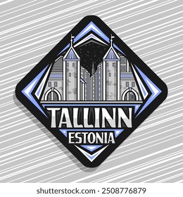 Logotipo vetor para Tallinn, sinal de estrada de rombos escuros com ilustração de famoso portão viru nas paredes de tallinn no fundo do céu noturno, decorativo ímã de geladeira urbana com texto tallinn, estônia